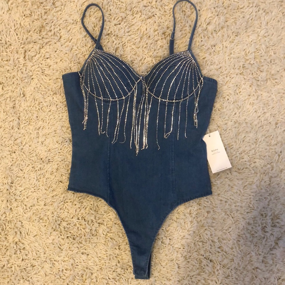 Rhinestone Fringe Denim Bodysuit